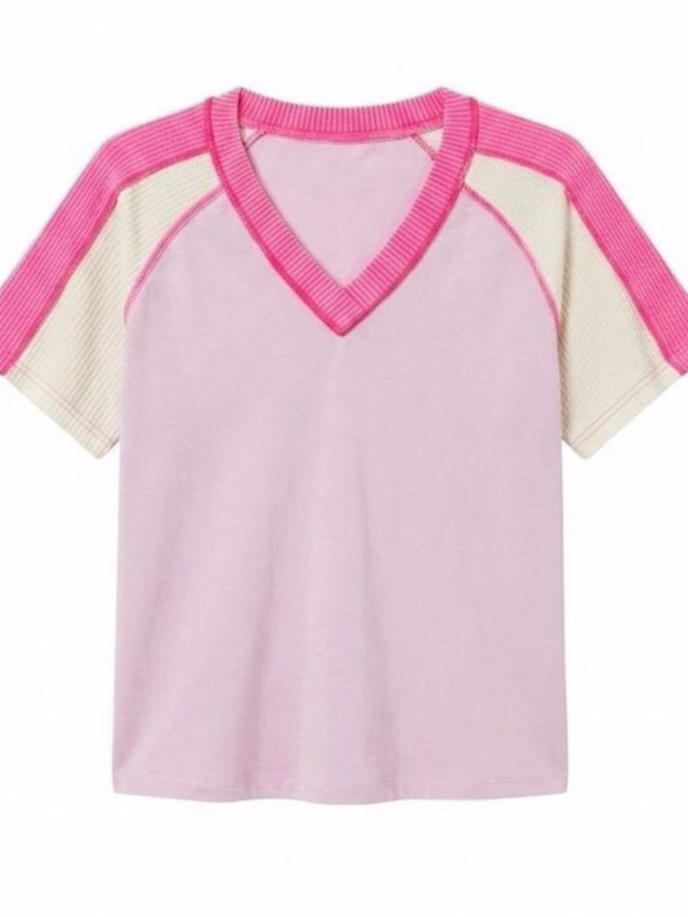 #1013 BiBi Pink Retro Textured Short Sleeve V-Neck NWT